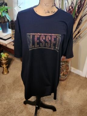 Gildan Black Short Sleeve Tee with 'BLESSED' Rainbow Rhinestone Logo